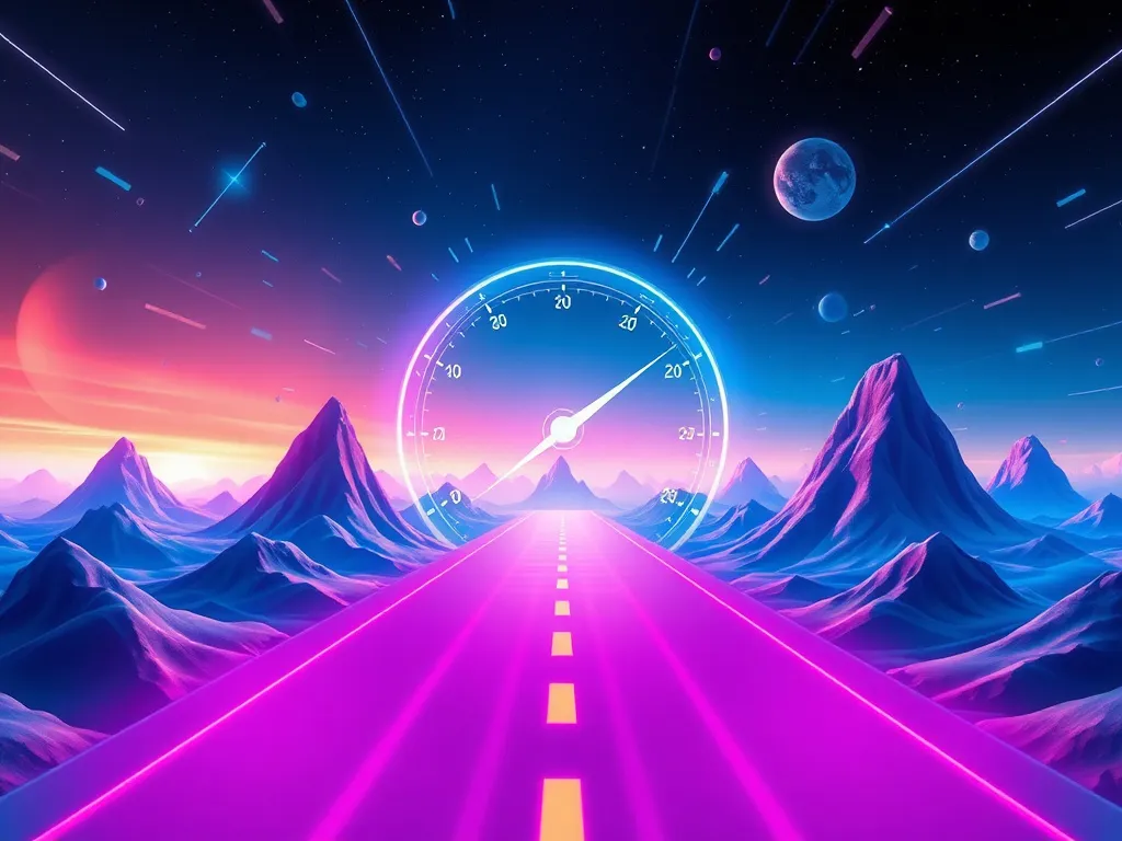 A futuristic digital landscape showcasing website speed optimization with fast-loading websites, high-quality, detailed, and vibrant.
