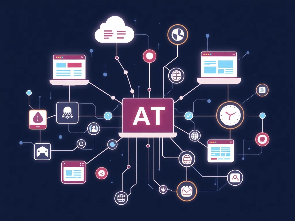 Illustration of a digital ecosystem with interconnected data, showcasing how websites interact with AI like ChatGPT and Google AI through structured data and entity SEO, photorealistic, modern digital art