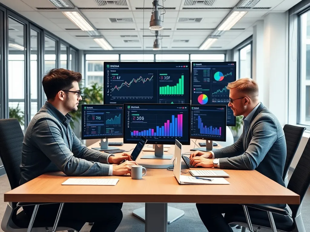 Modern office setting with digital marketing professionals optimizing multiple websites using advanced technology tools and displays showing analytical data, photorealistic, high quality lighting
