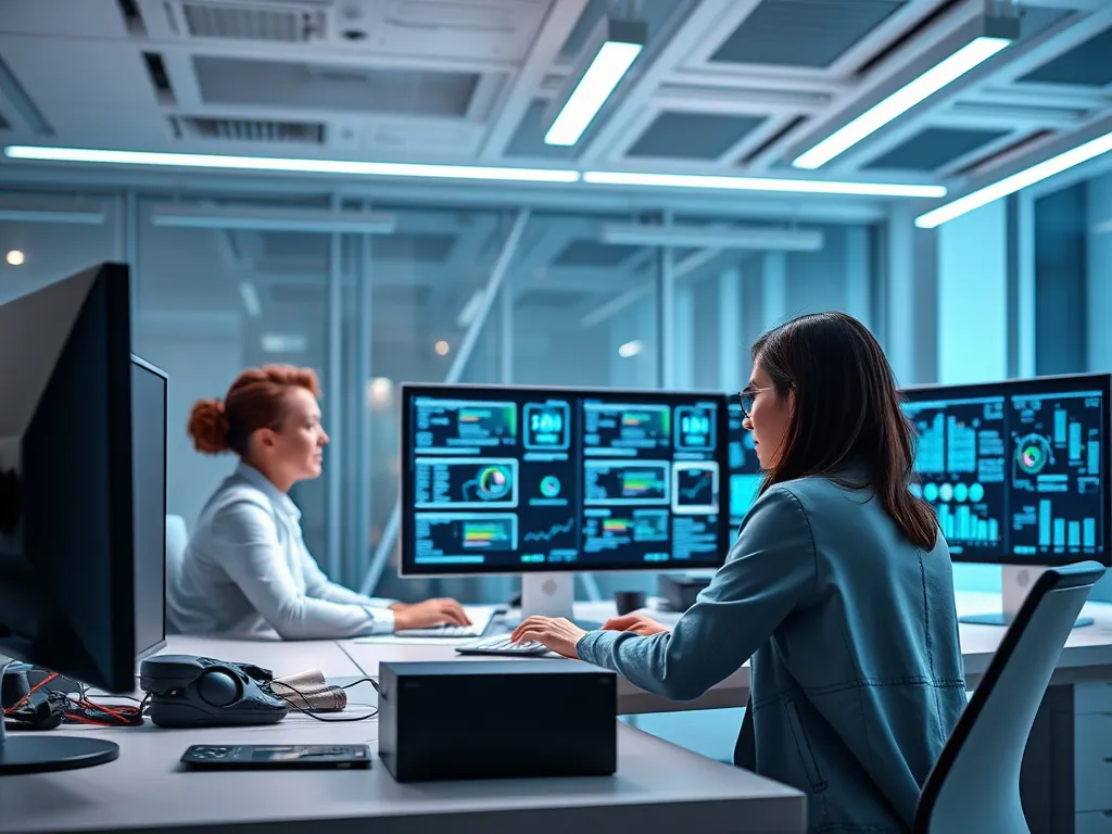 A futuristic office setting showcasing seamless integration of AI-powered automation tools assisting a small business team, high-tech screens, professional lighting, clean design, emphasizing collaboration between humans and AI for SEO efficiency.