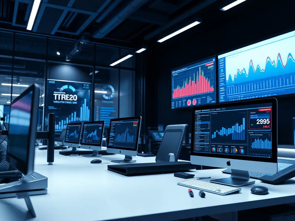 Futuristic office setting with computers displaying digital data analytics, photorealistic, high quality, professional lighting, modern technology theme