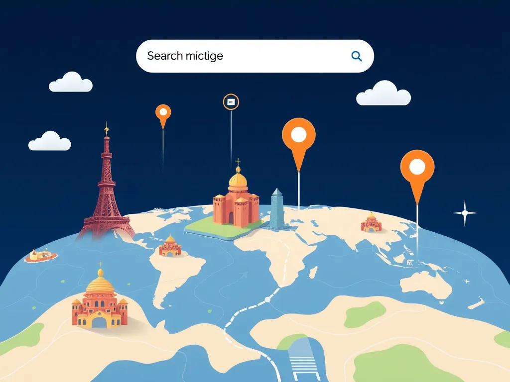 Illustration representing geographic search optimization using artificial intelligence, featuring a map with prominent landmarks and digital data elements, high quality, modern design