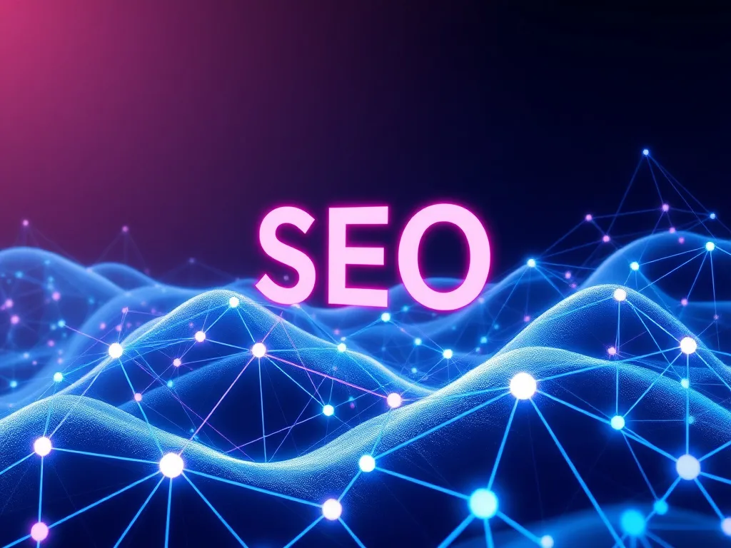 A futuristic digital landscape representing the transformation of SEO with AI, featuring abstract interconnected nodes symbolizing AI data processing and analysis, photorealistic, high quality, clean background